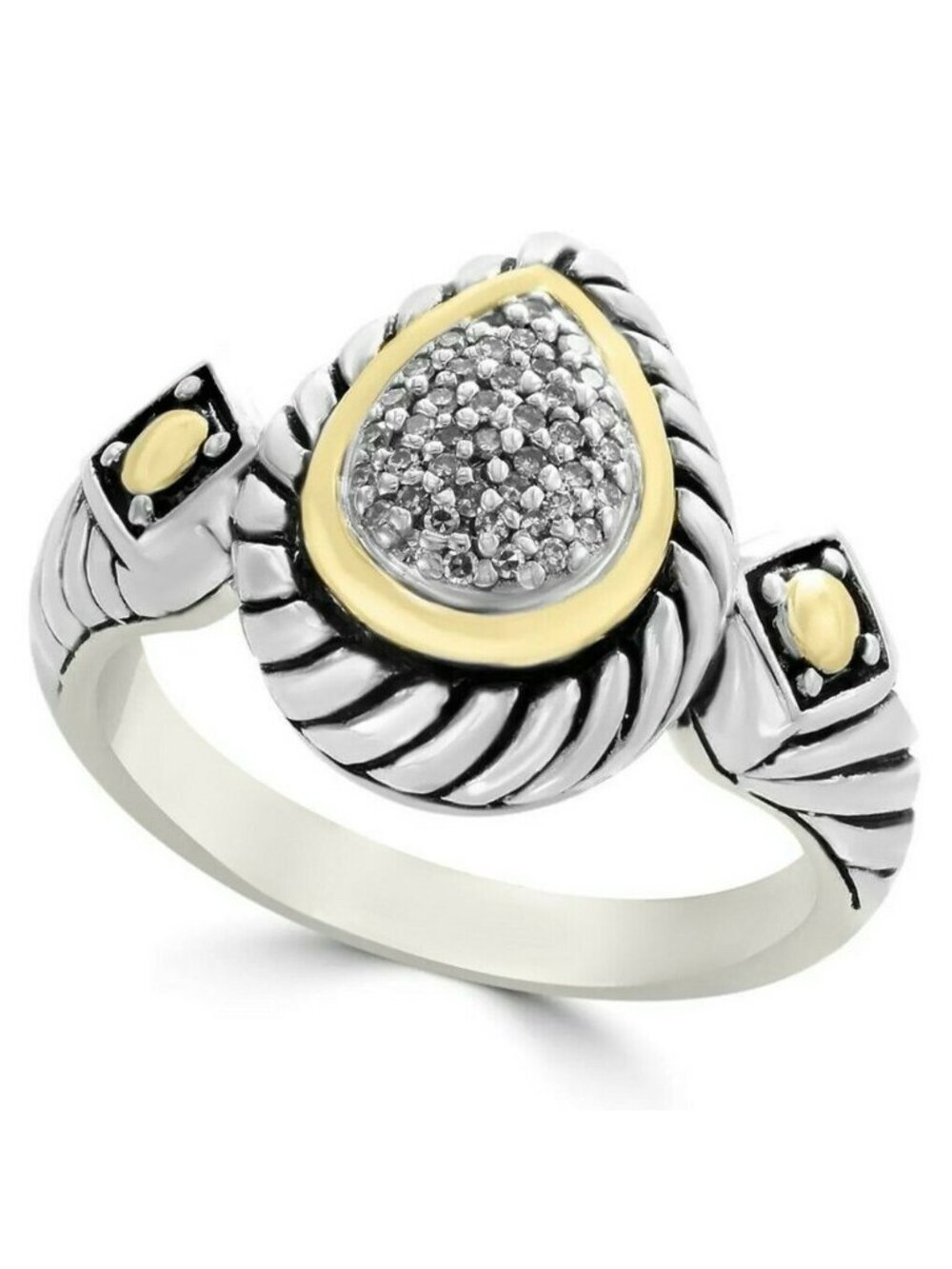 Effy Sterling Silver & 18K Yellow Gold Pave Teardrop Diamond Ring Size 7